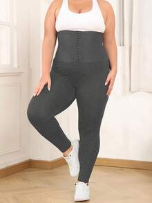 1 Pack Plus Size High Waist Hook & Eye Sports Leggings, Sport Tummy Control Skinny Pants, Ladies Sportswear Clothing For Gym Workout Running - 灰色 - 查看 3