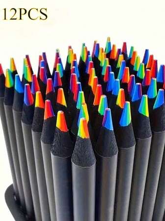 Set de 12 lápices mágicos de degradado arcoíris - Madera negra, 7 colores vibrantes, adecuados para garabatear, dibujar y escribir - Útiles escolares y papelería kawaii, tiza, garabatos