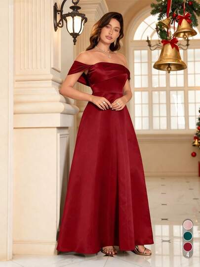 Damen Cocktailkleid mit Off-Shoulder und Schlitz, Kleid für Hochzeitsgäste, Abendkleid, Festtagskleid
