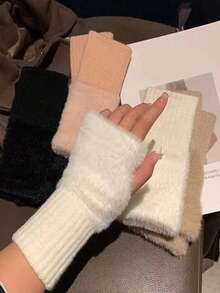 4双/2双装女士纯色保暖羊毛露指手套，柔软羊毛腕口，秋冬季保暖防风露指手套，适合触屏、办公、学生写作、骑行、防冻 - 彩色 - 查看 3