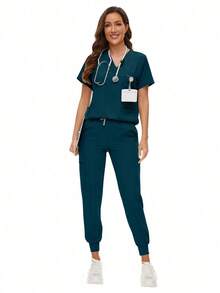 Surgical Uniforms Woman Scrub Set Nurse Beauty Salon Workwear Clinical Scrubs Top Pants Sets Spa Doctor Nursing Clinical Suit - 水鴨藍 - 查看 3