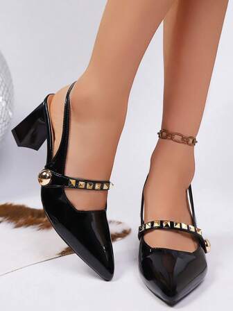 Spring/Autumn New Fashion Plus Size Pointed Toe Shiny Patent Leather Vintage Strap Solid Color Low Vamp Metal Rivet Easy Slip-On Daily, Party, Wedding, Office Wear Elastic Back Strap Ankle Strap Chunky High Heel Pumps, Elegant & Glamorous, Black