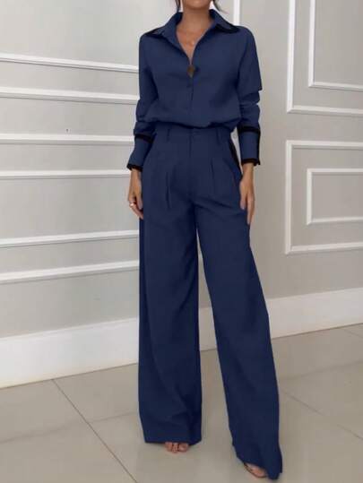 2pcs Women Elegant Color Block Knit Top And High Waist Pants Set, Contrast Color, Elegant Casual Button Closure