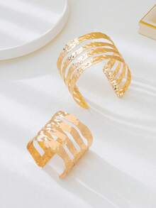 2件套 时尚夸张朋克风金属金色锤纹宽条纹开口手镯套装，适合女性日常、度假、派对性感装扮