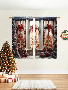 2PCS Christmas-Themed Brushed Fabric Digital Print Curtains, Retro Gorgeous Style Design With Red Bow Snow Pine Forest Window Scene, Rod Pocket Installation, Semi-Transparent Polyester Fiber Material, Suitable For Living Room, Kitchen, Bedroom, Dining Room, Filling Your Home With Festive Atmosphere
