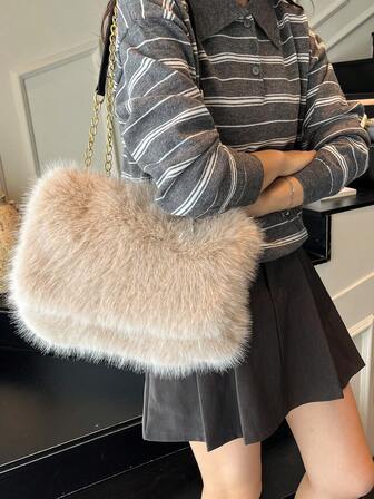 女士毛绒手提包，休闲大容量单肩包，斜挎包，韩版时尚托特包，毛绒包，秋冬款