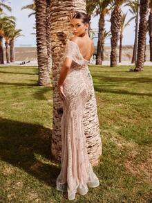 Faeriesty Women Elegant Glamour Elegant Mermaid Evening Gown With Asymmetric-Shoulder & Single-Strap Design, Geometric Sparkly Sequin & Bead Embroidery – Perfect For Weddings, Red-Carpet Events, Luxury Dinners & Elegant Gatherings New Year Outfit,Summer Holiday Outfits Party - Champagne - View 1