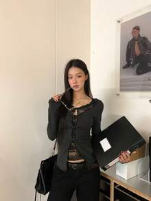 女士长袖蕾丝边饰仿叠层修身衬衫