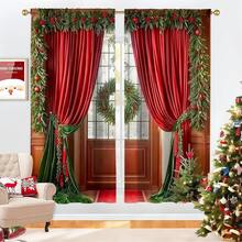 2 PIEZAS Cortinas con temática navideña de tela cepillada y estampado digital, con diseño en tonos rojos, estilo de bolsillo para barra, hechas de tela de poliéster semi-transparente - Ideal para salas de estar, cocinas, dormitorios, hoteles y restaurantes.
