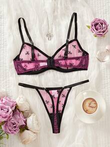 Bow Embroidery Pattern Ultra-Thin Lavender Sexy Women Lingerie Set - Multicolor - View 2