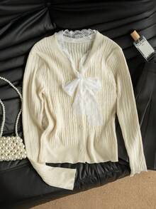 Spring V-Neck Bow Tie Knit Cardigan, Long Sleeve Sweater, Suitable For Early Spring Outings And Photo Shoots - Apricot - View 3