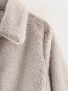 女士休闲短款仿毛领夹克，冬季保暖长袖外套，带口袋 - 米灰色 - 查看 3