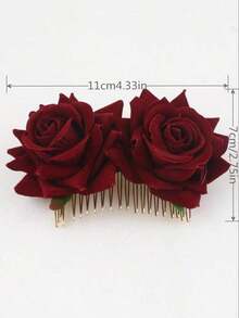 1pc Women's Premium Velvet Burgundy Rose Flower Metal Hair Comb, Bohemian Bridal Wedding Decorative Faux Flower Hair Clip, Suitable For Vacation, Party, Prom, Evening Dress Accessories - 勃根地 - 查看 3