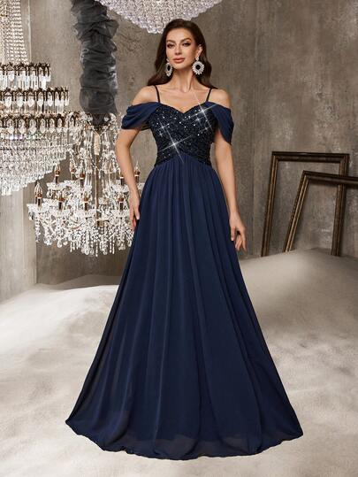 QOQ 简约别致雪纺正式礼服，闪亮亮片，适合鸡尾酒会、晚宴、生日派对、婚礼宾客、舞会等场合，露肩修身长裙