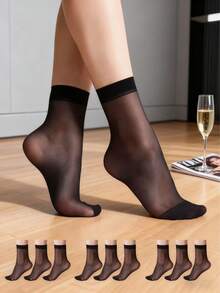 5 Pairs Of Women's Stockings, Transparent Short Socks, Short Thin Spring And Summer Socks, Light Spring And Summer, Transparent Casual Socks, Women's Black Brightening Short Crystal Socks, Women's Transparent Versatile Casual Socks, Suitable For Shopping And Playing