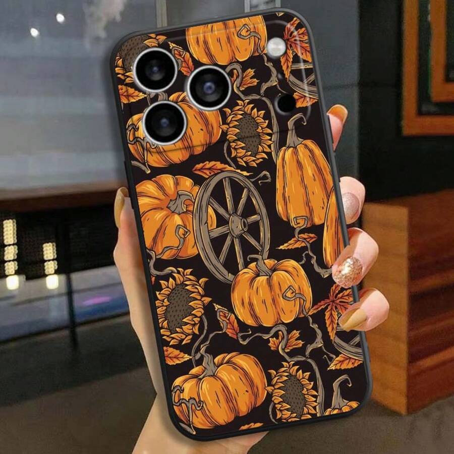 Funda protectora suave negra con patrón de calabaza creativa y moderna compatible con Apple 17 16 13 12 11 8 6 6S XS Plus Pro, funda de teléfono de borde recto, funda de smartphone, funda protectora de dispositivo, funda de teléfono artística, funda de teléfono a la moda, moldeo por inyección, carcasa duradera, funda protectora a prueba de golpes, funda protectora delgada, seguidor de , entusiasta de la tecnología - Colores mixtos - Ver 1