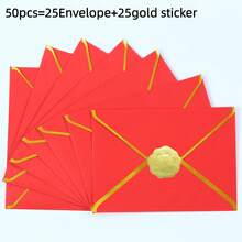 50 Stücke/Packung Rosarote Umschläge + Aufkleber, Rosarotes Perlkartenpapier, Größe A7, Einladungsumschläge mit Goldfolienrändern, geeignet für Hochzeit, Taufe, Weihnachten, Halloween Geschenke, Geburtstagsparty - Rot - Übersicht 9