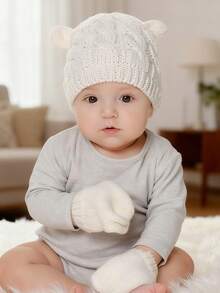 1 Set de Gorro y Guantes de Bebé Suaves y Cálidos con Diseño de Animales, Combo Unisex de Gorro y Guantes de unicolor Prácticos y Gruesos para Temporadas Frías