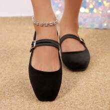 Giày Mary Jane đế bằng da lộn Pháp mũi vuông cổ thấp dành cho nữ, phong cách mới, phù hợp với váy, giày ba lê - màu đen - Xem 3