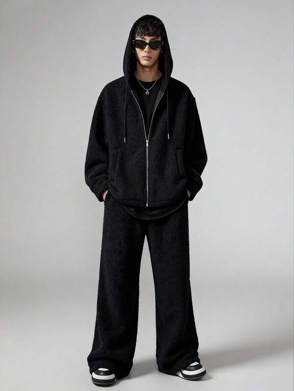 Sudadera con capucha de unicolor de felpa y pantalones de corte holgado para hombre, otoño/invierno