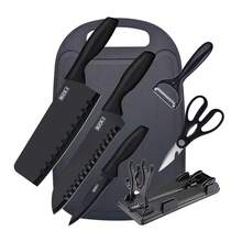 Juego de cuchillos de cocina de acero inoxidable de 7 piezas, que incluye cuchillo de cocina de acero inoxidable, cuchillo cepillador, soporte para cuchillos, tabla de cortar/juego de cuchillos de chef de cocina profesional, tabla de cortar/juego de cuchillos de cocina profesional, que incluye cuchillo de chef, cuchillo de fruta, cuchillo para pelar, apto para lavavajillas, juego completo de cuchillos de cocina, regalo perfecto, adecuado para el hogar, adecuado para hoteles, hogares - Negro - Ver 11