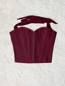 Apperloth A Rave Y2K Grommet Eyelet Front Lace Up Back Backless Overbust Corset Shapewear Club Crop Halter Top - Burgundy - View 7