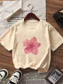 1pcs Plus Size Women's Loose Fit T-Shirt, Printed With Watercolor Pink Hibiscus Flowers, Perfect For Tropical Vacations, Beach Dates, Summer Parties - 杏色 - 查看 6