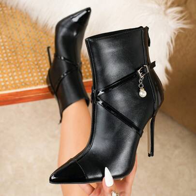 Matte Finish With Glossy Pearl Decor Women's Pointed Toe Super High Heel Ankle Boots