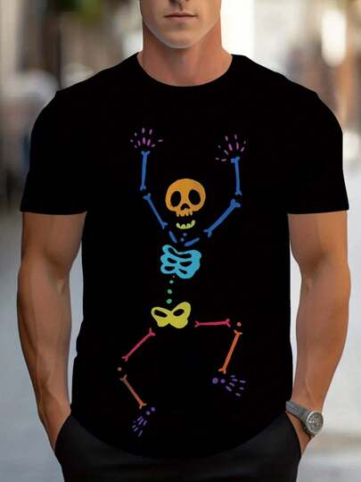 Camiseta masculina camiseta de algodón de manga corta con estampado de patrón de cabeza de esqueleto de colores de baile camiseta casual tejido cómodo para todas las estaciones con camisa lavable a máquina para regalos baratos para el Festival de Halloween camiseta divertida de cuello redondo casual de verano