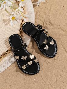 A Pair Of Stylish Children's Flip-Flops, Boho Sandals, Beach Sandals, Bright Diamond Butterfly Flip-Flops, - Black - View 1