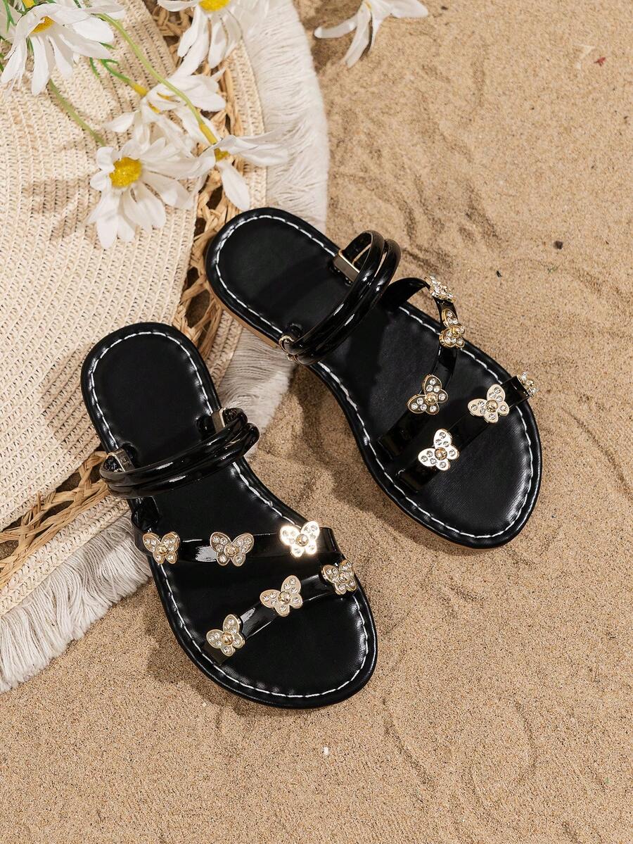 A Pair Of Stylish Children's Flip-Flops, Boho Sandals, Beach Sandals, Bright Diamond Butterfly Flip-Flops, - Black - View 1