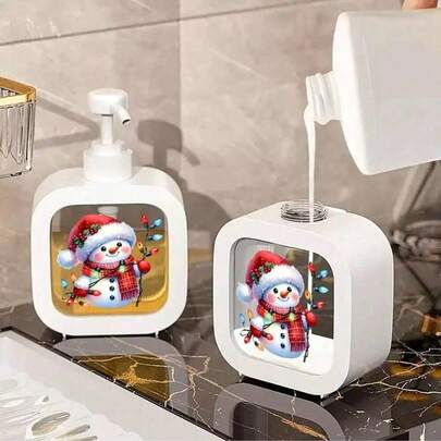 1pc High Capacity Refillable Transparent Dispenser Bottle With Pump, Christmas Snowman With Santa Hat Design, Compatible With Hand Soap, Body Wash, Detergent, Lotion, Home Bathroom Decor, Back To School, Christmas Holiday Decoration - Compatible With Liquid Soap, Kitchen Sink Accessory, Holiday Design, Durable Plastic