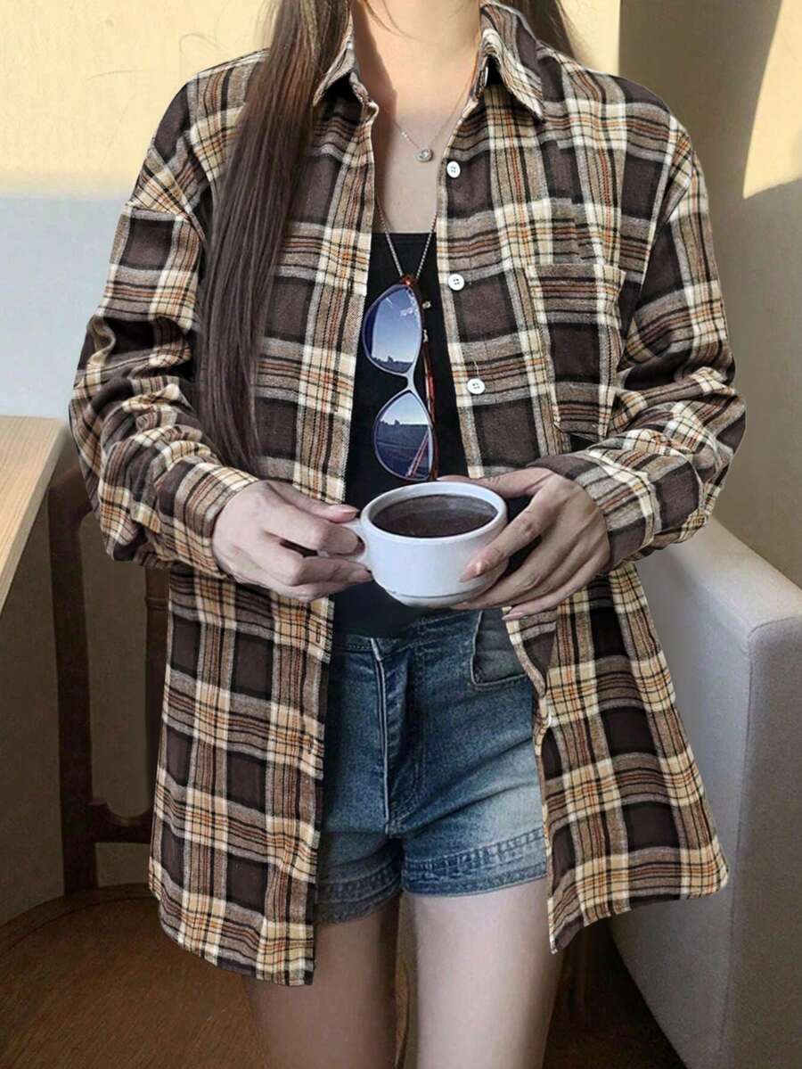 女士休闲通勤日常格子早餐衬衫，春秋季 - 駝色 - 查看 1