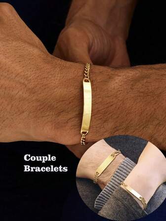 1 Pair (2pcs) 18K Gold Plated Stainless Steel Non-Fading Personalized Couple Bracelets, Men's Curved Bar Bracelet, Cuban Link Chain Bracelet, Christmas/Birthday Gift For Dad, Boyfriend, Her