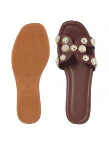 Tamanco Feminino Plataforma Anabela Slide H com Tachas Metal Aplicações - Café - Visão 4
