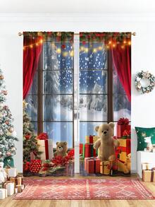 2PCS Christmas-Themed Brushed Fabric Digital Printed Curtains, With A Design Of Red Curtains Decorated With Small String Lights. Rod Pocket Installation, Made Of Translucent Polyester Fabric. Suitable For Living Rooms, Kitchens, Bedrooms, Hotels And Dining Rooms.