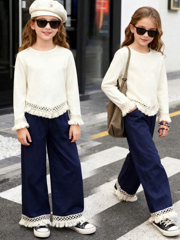 2pcs Girls Casual Ruffle Trim Top And Solid Color Pants Set, Spring/Autumn