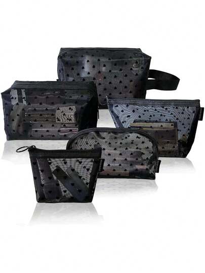 1pc Heart-Shaped Mesh Cosmetic Bag Set, Zipper Mesh Makeup Bag, Women's Travel Cosmetic Pouch, Small Item Storage Bag, Suitable For Home, Office, Travel, Black, Elegant & Refined