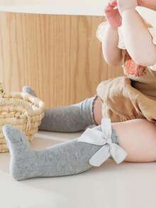 3 Pares de Meias de Algodão para Bebê, Meias Cano Alto Princesa com Laço Grande para Meninas