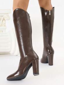 Botas de cano alto estilo western, modernas e confortáveis, em cores sólidas, com zíper, para mulheres, perfeitas para o escritório, férias e Halloween. Ideais para o outono/inverno. - Castanho Café - Ver 5