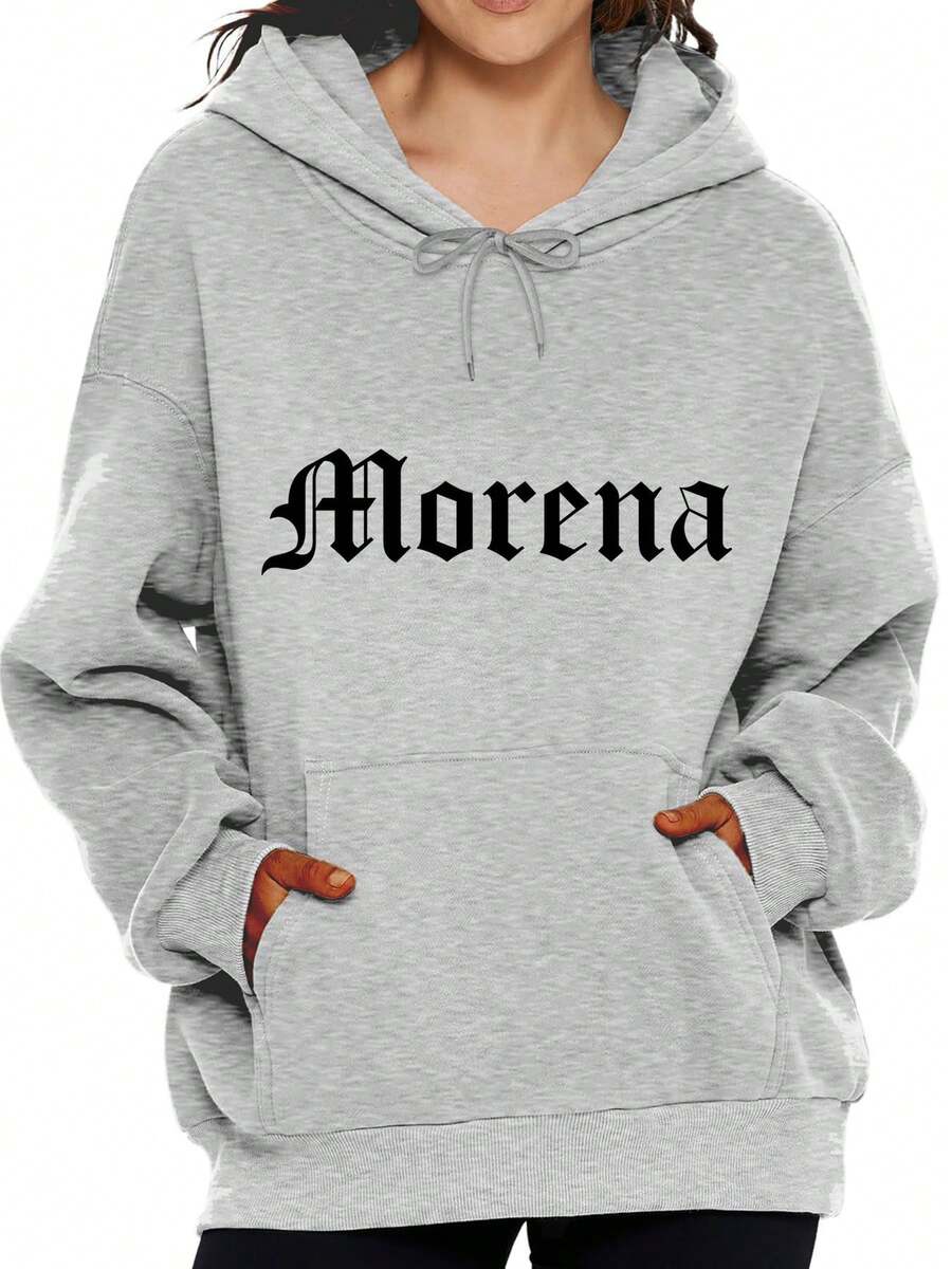 Morena Gothic Font Women's Hoodie Sweatshirt Casual Oversized Pullover Hooded Top With Front Pocket Gray - Grey - View 1