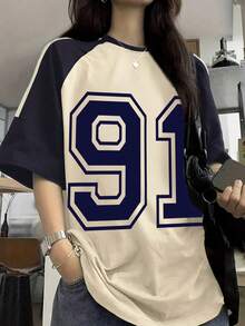 少女街头服饰数字图案 T 恤,拼色短袖 T 恤,适合学校/运动 - 杏色 - 查看 2