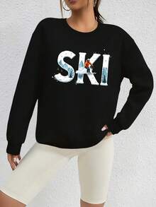 Sudadera Gráfica de Esquí para Mujer - Jersey de Invierno sin Elasticidad con Texto SKI, Ropa Roja para Clima Frío para Esquiar, Snowboard, Outfits Casuales - Suéter Cómodo de Cuello Redondo para Atletas y Amantes del Deporte Femenino, Equipo de Esquí, Ropa de Snowboard, Top con Patrón Geométrico, Tejido Duradero, Ropa de Esquí, Diseño, Material Cálido, Esquiadoras, Gruesa - Oscuro - Ver 1