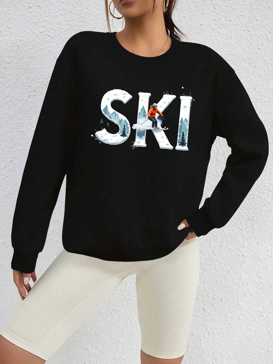Sudadera Gráfica de Esquí para Mujer - Jersey de Invierno sin Elasticidad con Texto SKI, Ropa Roja para Clima Frío para Esquiar, Snowboard, Outfits Casuales - Suéter Cómodo de Cuello Redondo para Atletas y Amantes del Deporte Femenino, Equipo de Esquí, Ropa de Snowboard, Top con Patrón Geométrico, Tejido Duradero, Ropa de Esquí, Diseño, Material Cálido, Esquiadoras, Gruesa - Oscuro - Ver 1