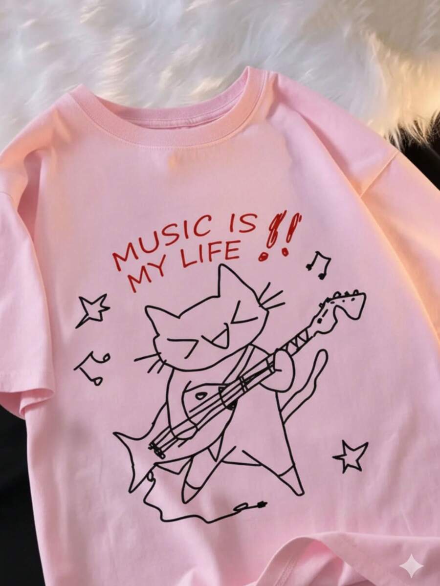 Men's Cat Music T-Shirt, 100% Cotton, Basic Casual Shirt, Crew Neck, Unisex, New Arrival, Check It Out! - 淺粉色 - 查看 1