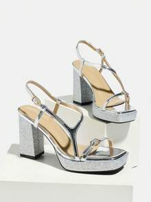 女士高跟鞋，独特蕾丝设计，亮银色，厚底，方头，踝带，露趾，粗跟，百搭派对、度假、宴会、优雅礼服鞋，春夏装扮之选。 - 銀色 - 查看 6