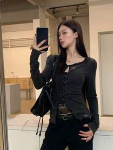 女士长袖蕾丝边饰仿叠层修身衬衫