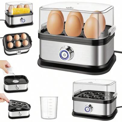 Vandise 350W Egg Cooker 6 Capacity Stainless Steel Steamer, Electric Egg Boiler, Quick Boiling for Soft, Medium and Hard Boiled, Auto-Off, with Measuring Cup, Removable Tray, Easy to Operate