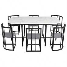Six-Chair Dining Table Set: (White Table, Chairs With Backrests And Gray Cushions, Black Iron Frame), Dining Room Table And Chair Set, Modern Dining Table Combination (Previous Sku: 308399408AAS) - Black - View 7