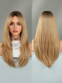 NICKY WALL 优雅 - 24 英寸女士分层金色假发，长直发带窗帘刘海，高密度蓬松合成耐热纤维假发，适合日常派对佩戴、音乐节派对使用 - 漸變金色 - 查看 5